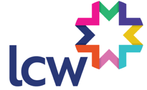 The LCW logo: blue text reading "lcw" next to a multicolored ribbon folded into a circle. 