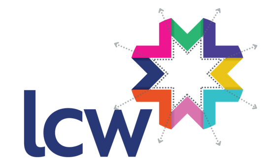 The LCW logo with arrows highlighting the outward motion of the negative space in the ribbon motif.