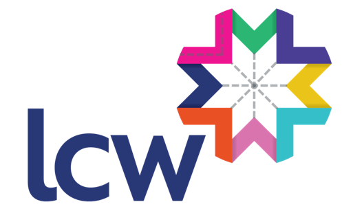 The LCW logo with arrows highlighting the inward motion of the folded ribbon motif.