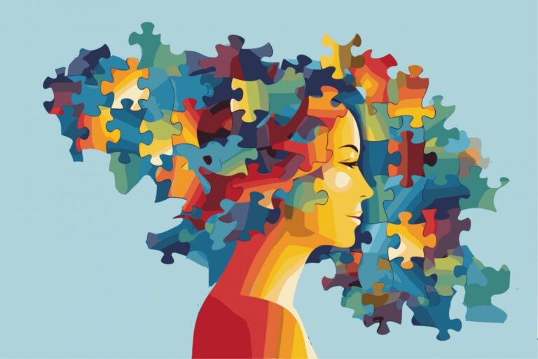 Image of a woman with colorful puzzle pieces as thoughts